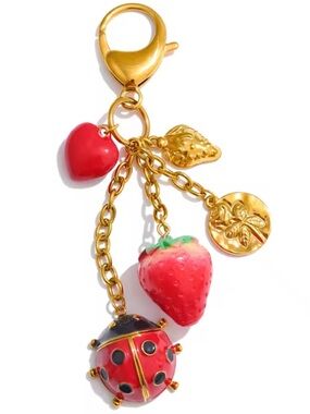 Strawberry Ladybug Luck Charm Keychain Gold Accessory